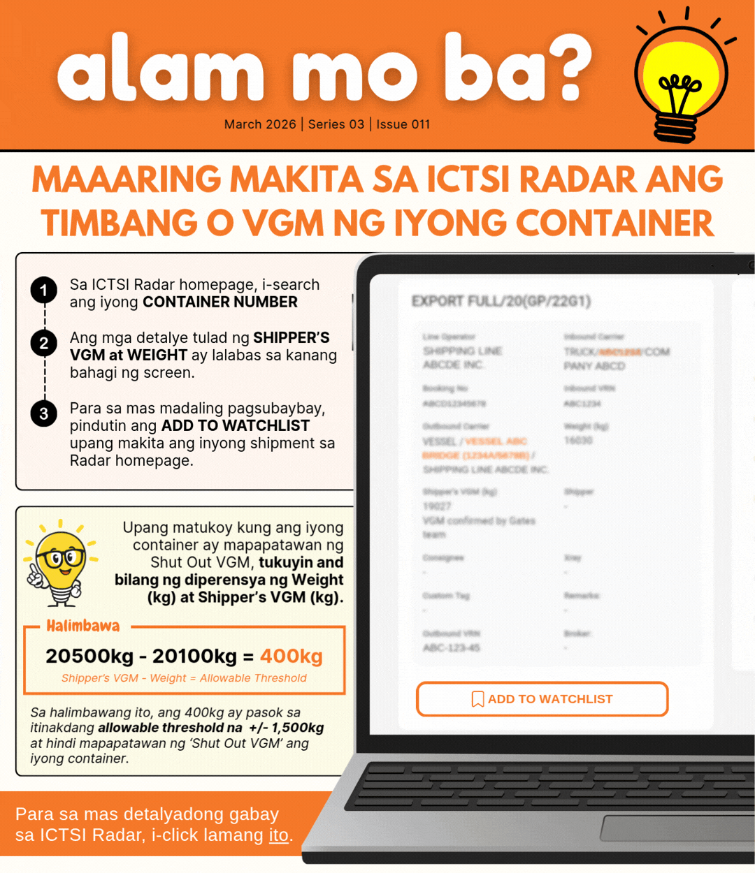 Advisory #011: Alam Mo Ba? Maaaring Makita sa ICTSI Radar ang Timbang o VGM ng Iyong Container